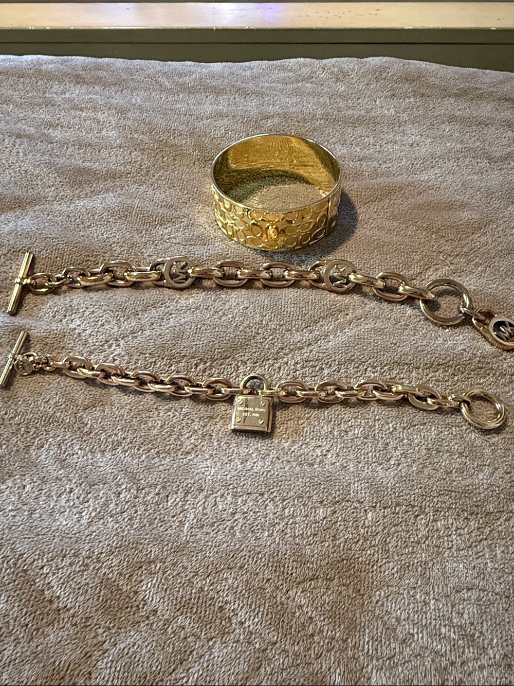 Gold Tone Statement coach Bangle and Two Toggle Chain Bracelets Michael Kors